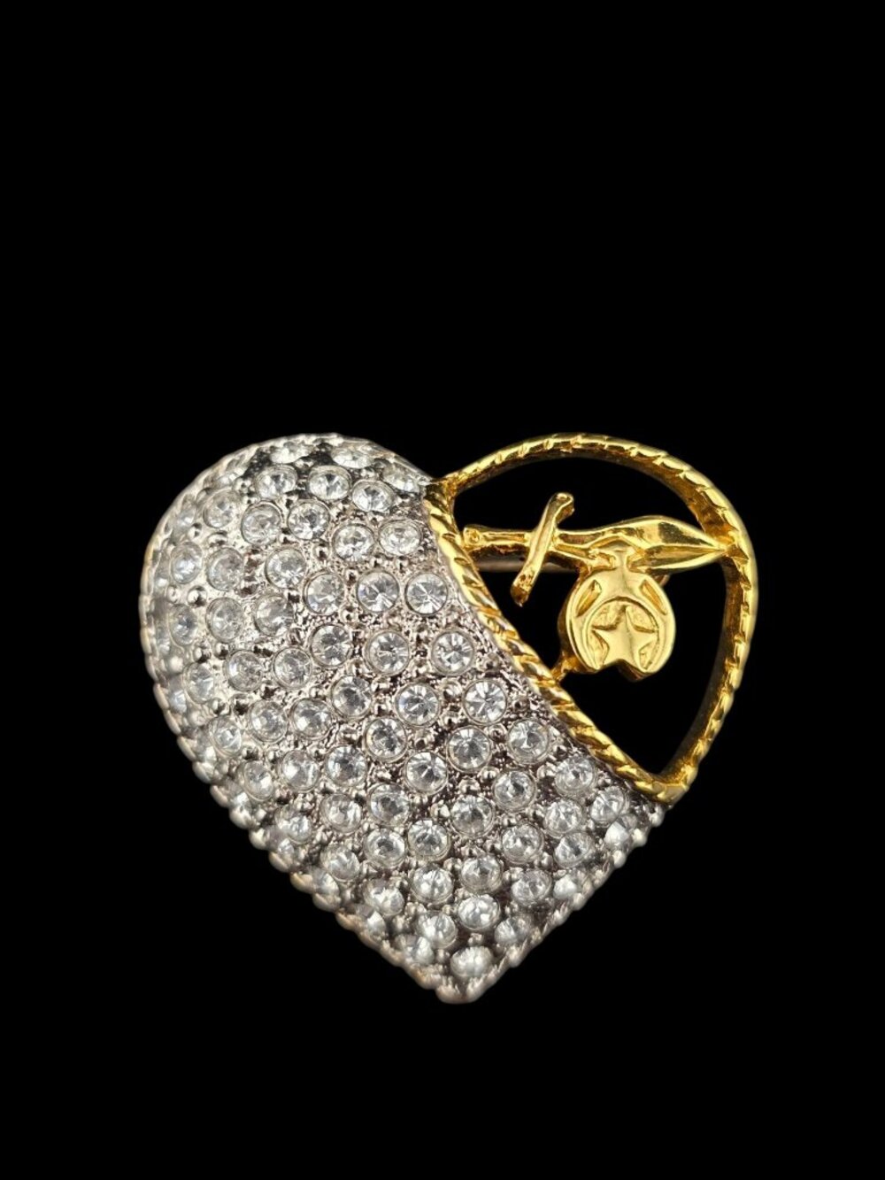 Vintage Butler Pave Heart Brooch With Gold-Tone Rose Detail And Rhinestones - Picture 2 of 8